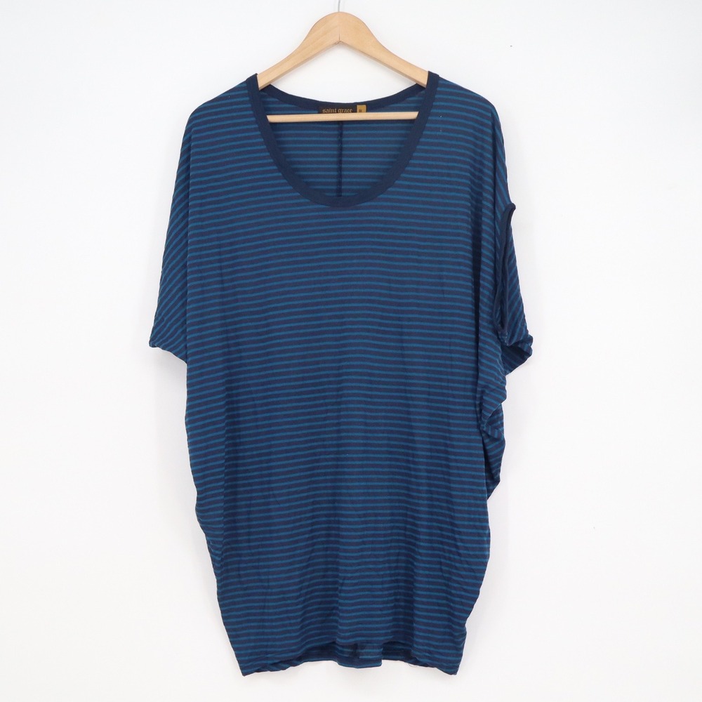 Saint Grace Womens Striped Oversized Tunic Top Navy Teal Scoop Neck Medium USA